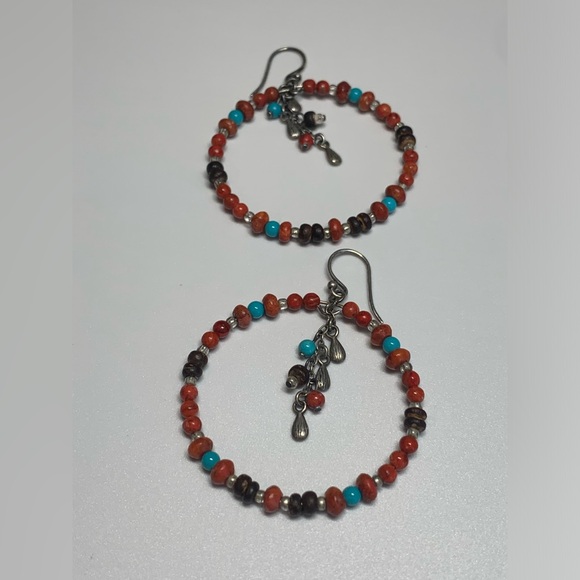 Silpada Rare Sterling Silver Coral, Turquoise, Wood, Shell Bead Hoop Earrings - Picture 7 of 16